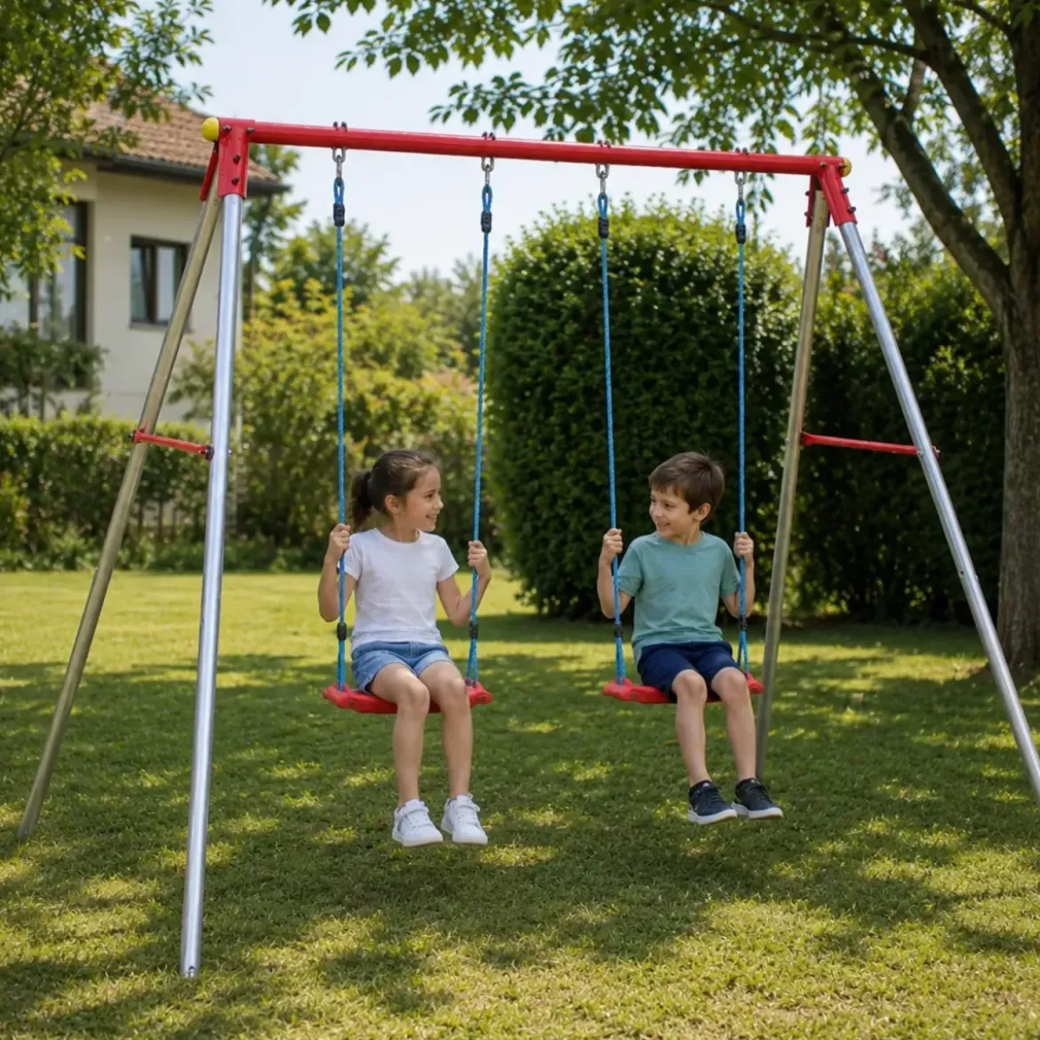 Altalena da Giardino Doppia Bambini Acciaio Zincato Seduta Tavoletta