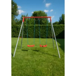 Altalena per Bambini 2 Posti da Esterno 214x165x200 cm Rosso Blu Acciaio