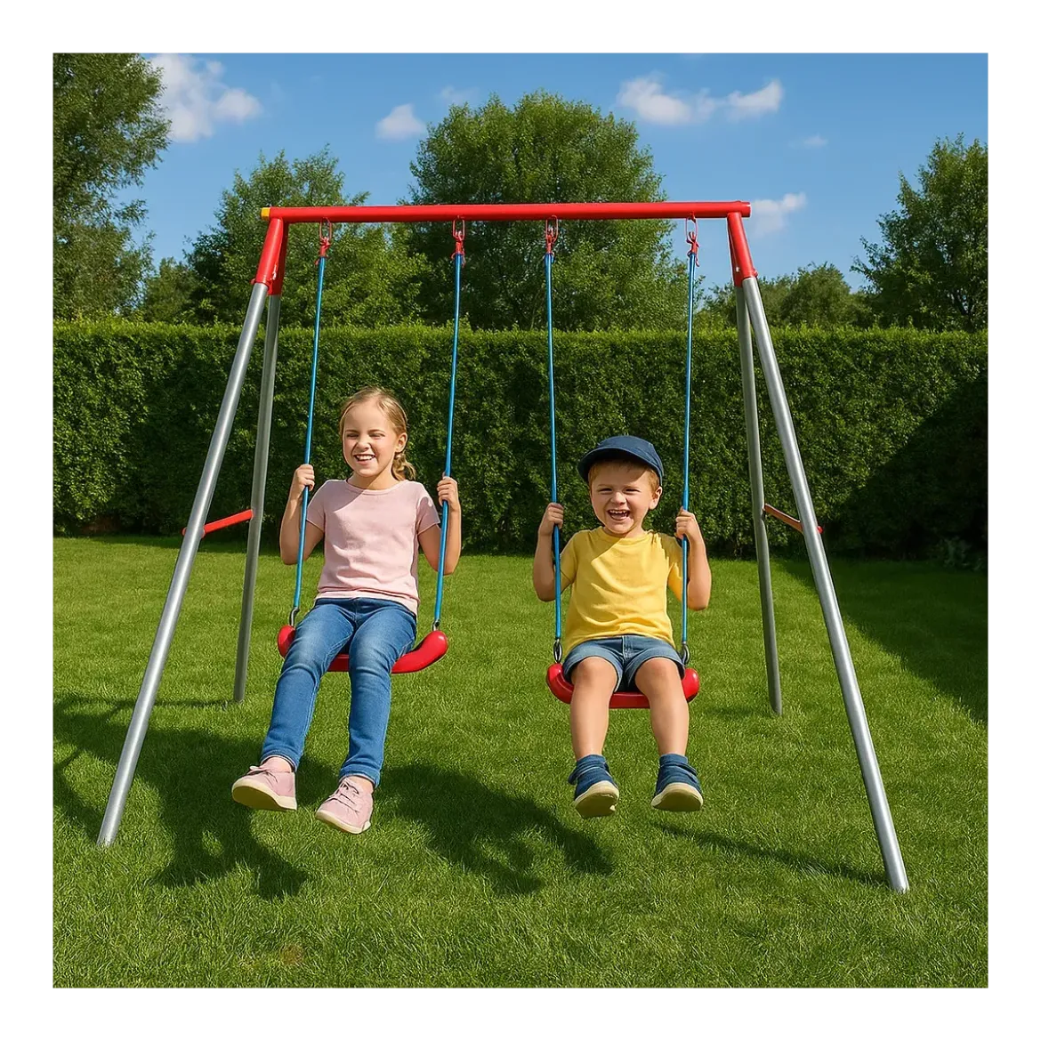 Altalena per Bambini 2 Posti da Esterno 214x165x200 cm Rosso Blu Acciaio