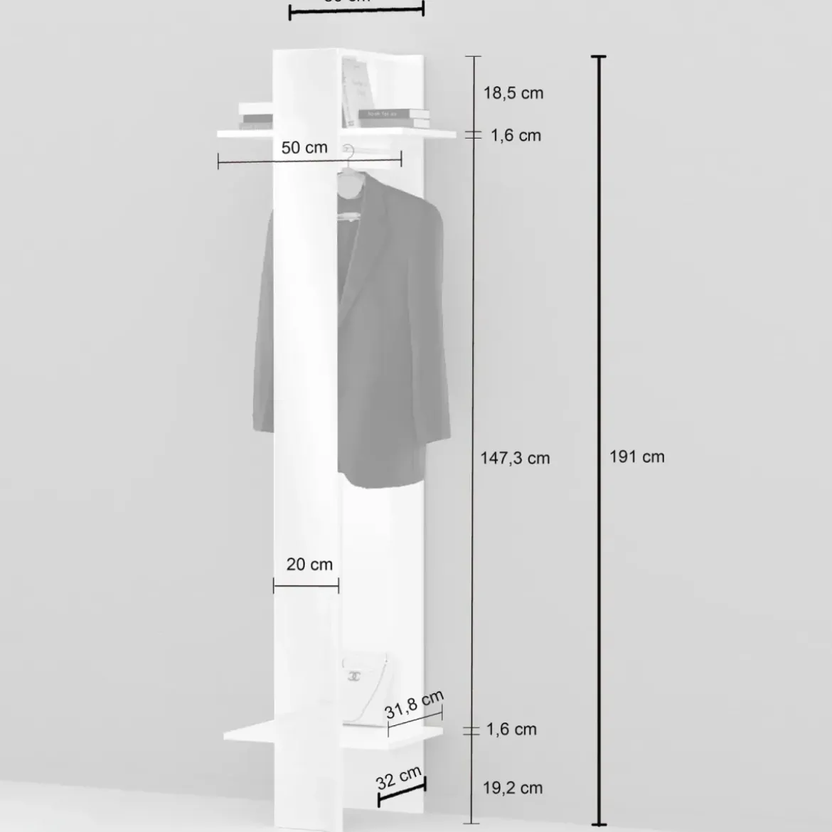 Appendiabiti da Ingresso con Specchio Bianco 2 Ripiani 50x35x191cm