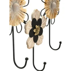 Appendiabiti da Parete 5 Ganci in Ferro Legno MDF Raffia per Ingresso