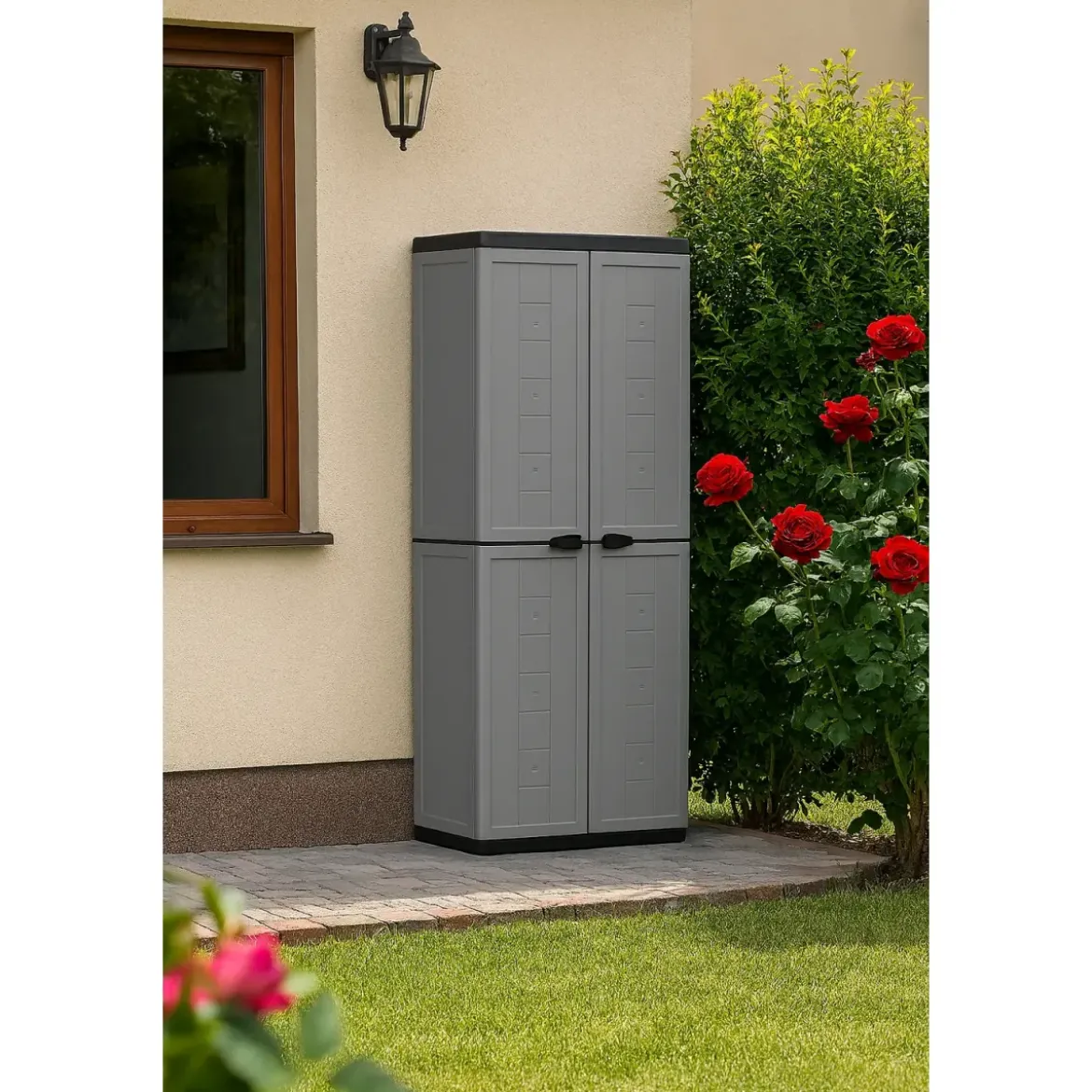 Armadietto in Resina Alto da Esterno Grigio con 2 Ante 68x39x166 cm