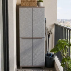 Armadio Alto Esterno in Resina Due Ante Portascope Rattan da Balcone Giardino