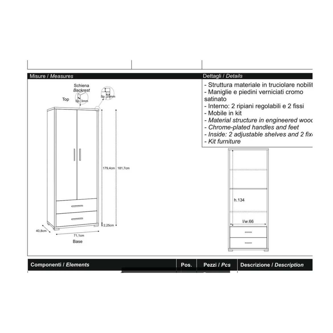 Armadio 2 Ante con Cassetti Ossido Ripiani Ufficio Documenti Mobile Camera Letto