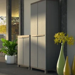 Armadio Basso Esterno in Resina con Ripiani Mobile Rattan da Balcone Giardino