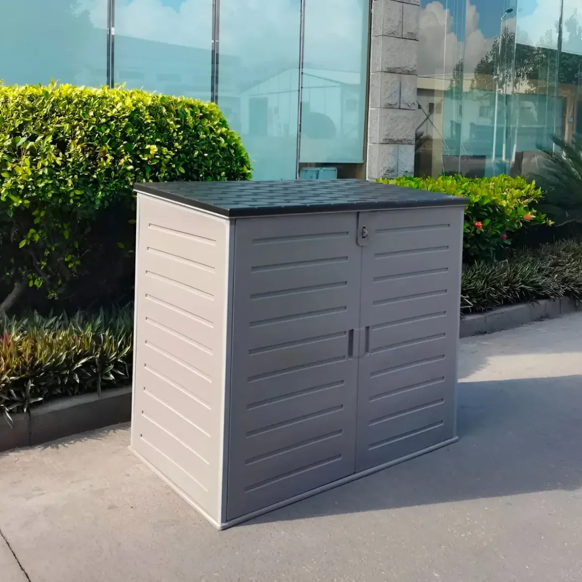 Armadio in Resina 140 cm Baule Esterno Bidoni Rifiuti Box da Giardino Balcone