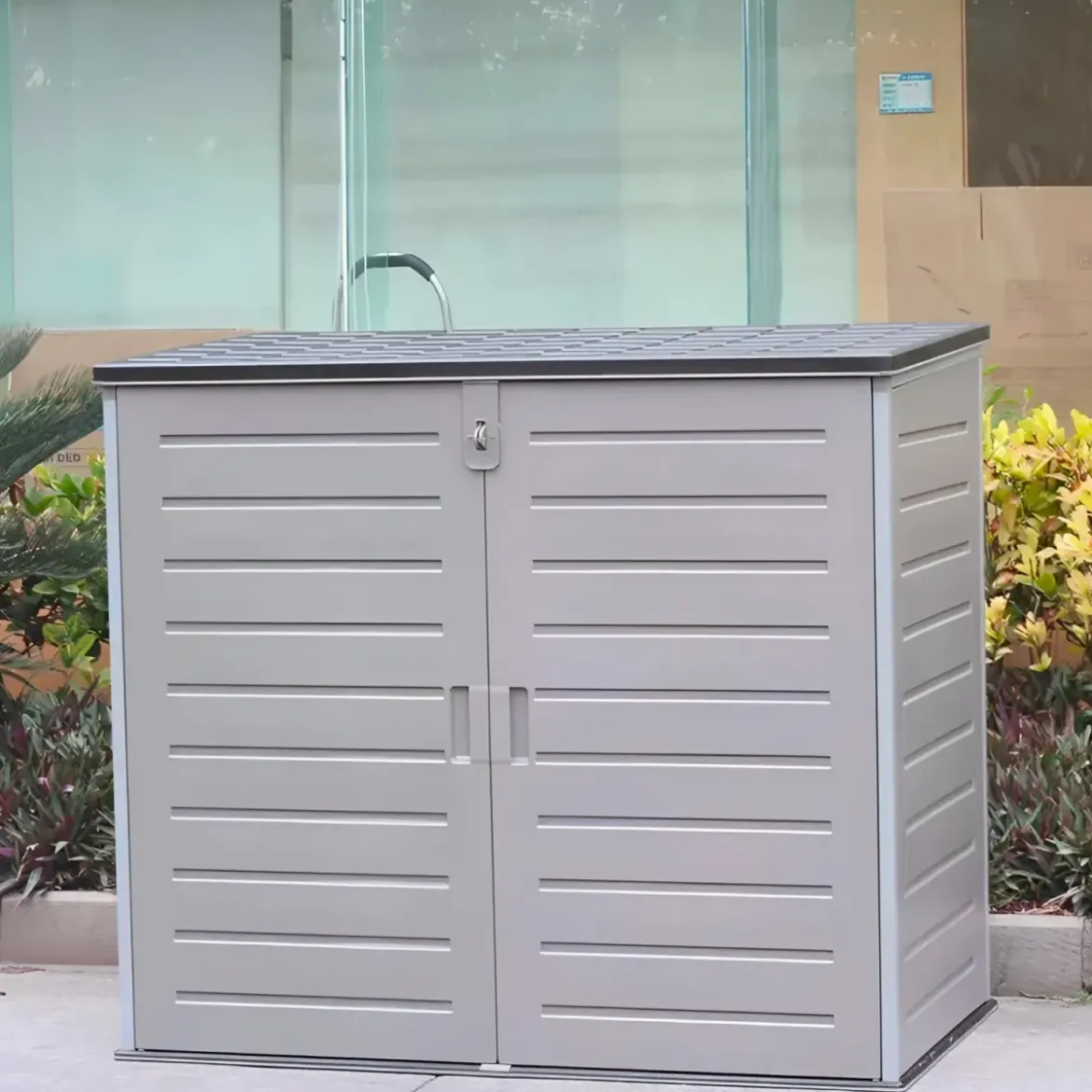 Armadio in Resina 140 cm Baule Esterno Bidoni Rifiuti Box da Giardino Balcone