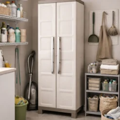 Armadio Keter in Resina Alto da Esterno Tortora Multiuso Portascope Beige 2 Ante