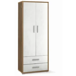Armadio Mobile Alto 180 cm 2 Ante con Cassetti Noce Bianco Mobile in Legno