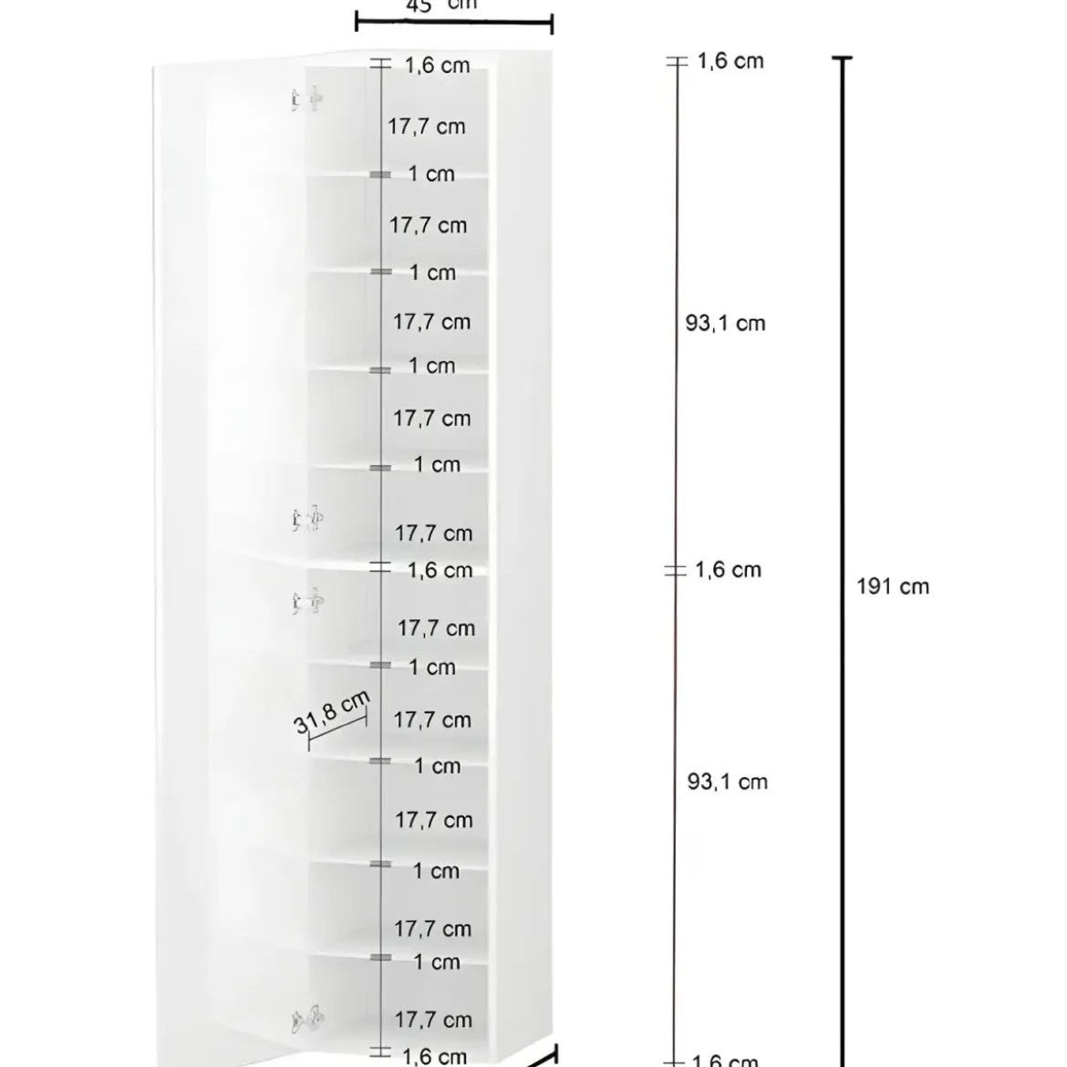 Armadio Scarpiera Anta Battente 45x35x191 cm Bianco Laccato Salvaspazio