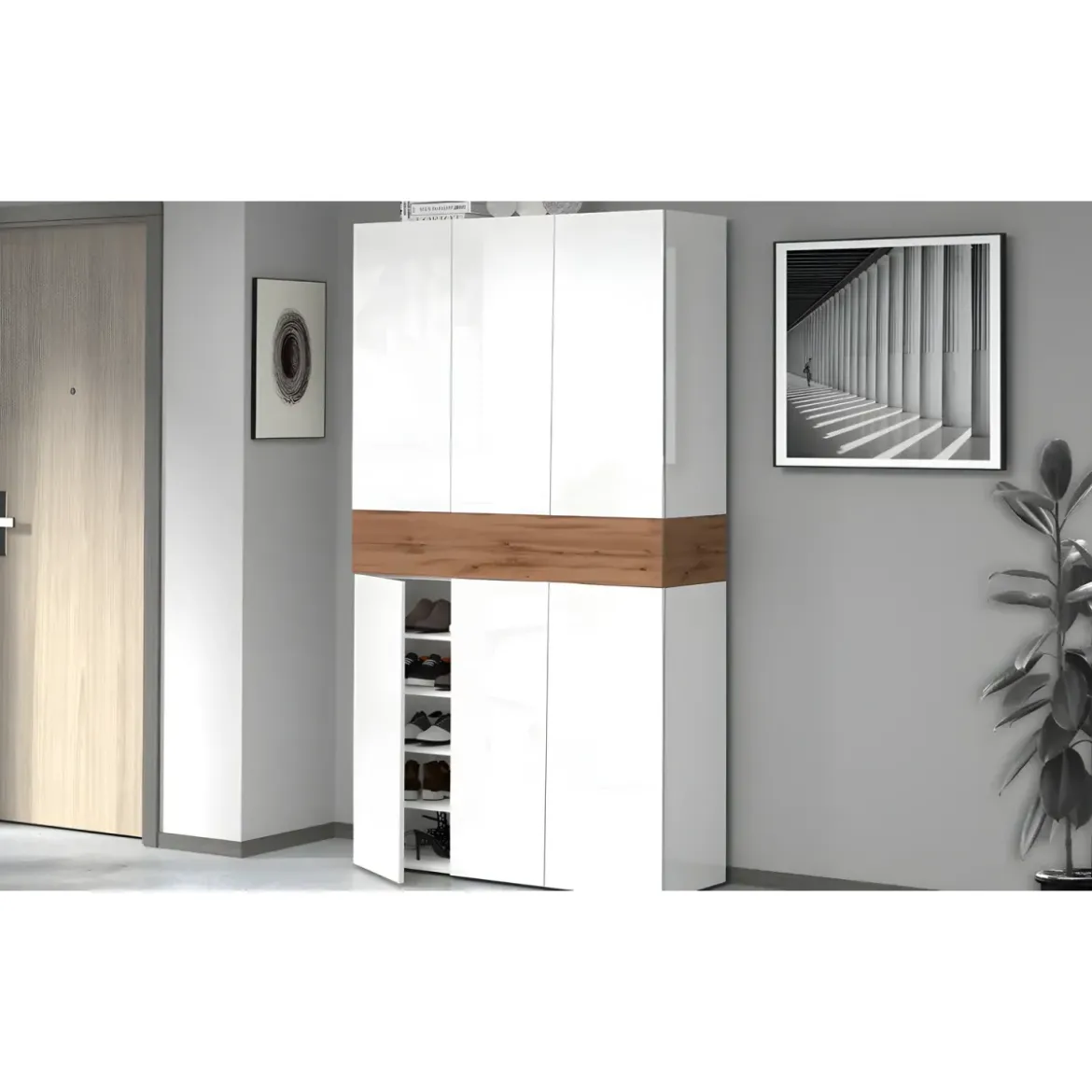 Armadio Scarpiera Bianco Lucido Rovere 6 Ante 1 Ribalta 8 Ripiani