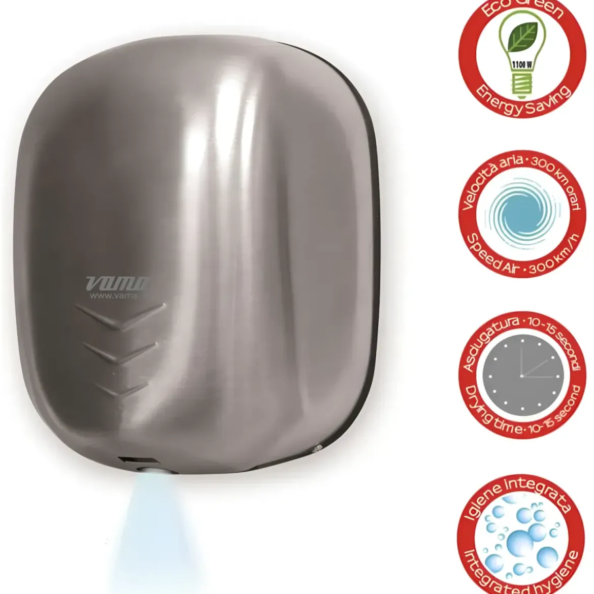 Asciugamani Elettrico Inox Bagno a Parete Filtro Antibatterico UV