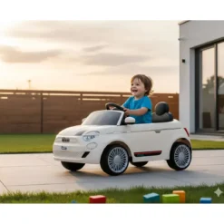 Auto Elettrica per Bambini Fiat 500 12V Bianco Telecomando e Fari LED