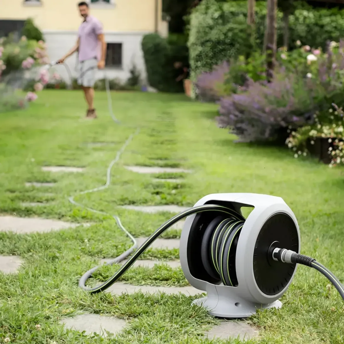 Avvolgitubo da Giardino Portatile 20m ABS Maniglia Lancia Multigetto