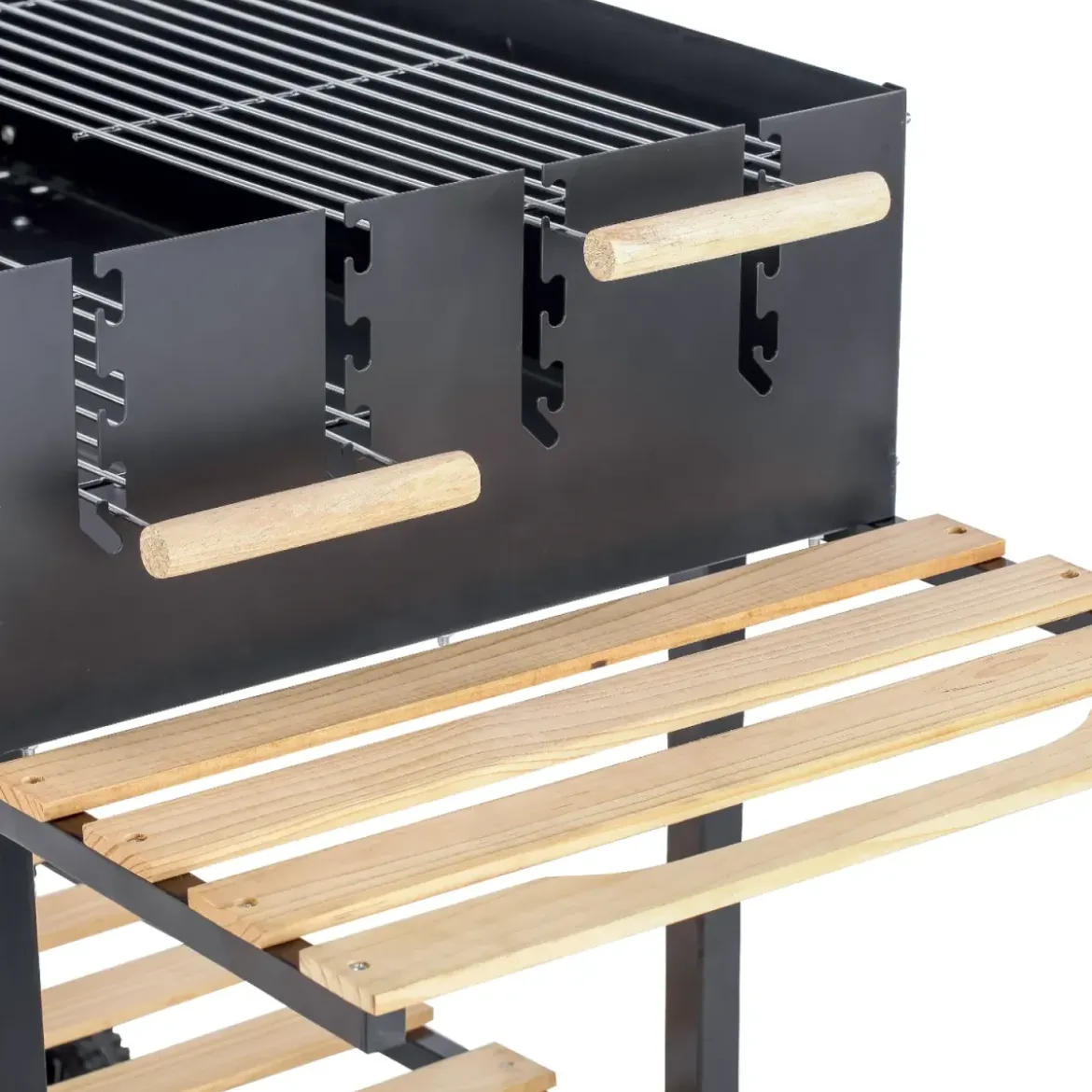 Barbecue a Carbone con Doppia Griglia Inox Regolabile Ripiani in Legno