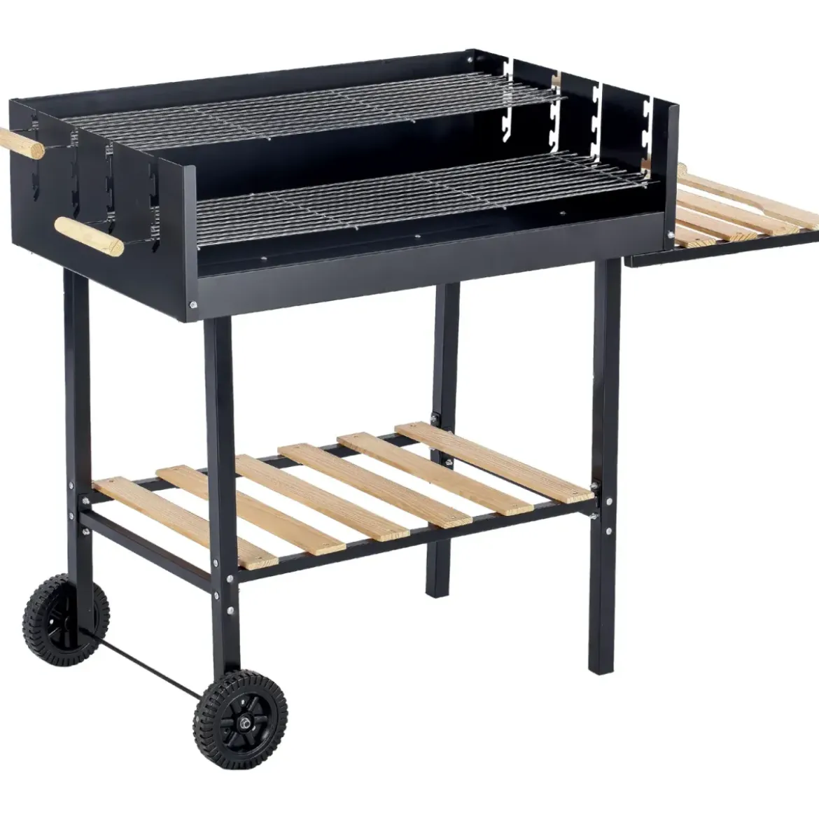 Barbecue a Carbone con Doppia Griglia Inox Regolabile Ripiani in Legno