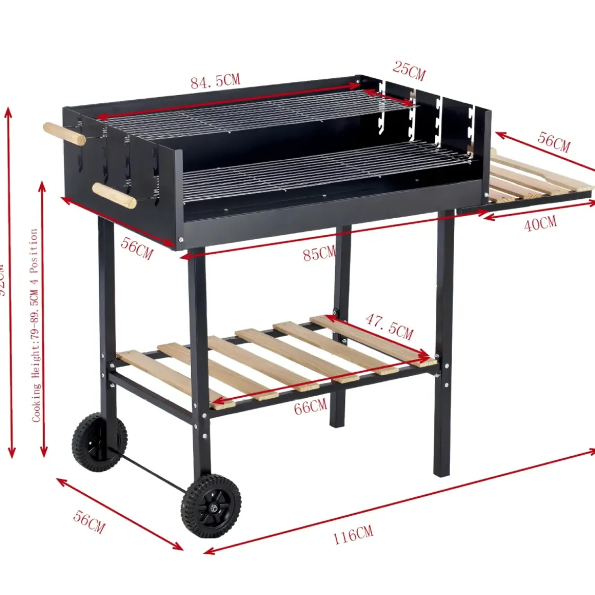 Barbecue a Carbone con Doppia Griglia Inox Regolabile Ripiani in Legno