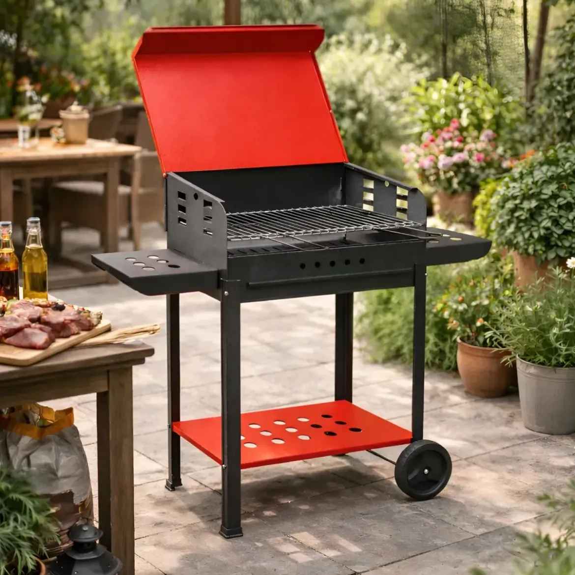 Barbecue a Carbonella 60x40x90 cm Coperchio Ruote Acciaio Rosso Nero