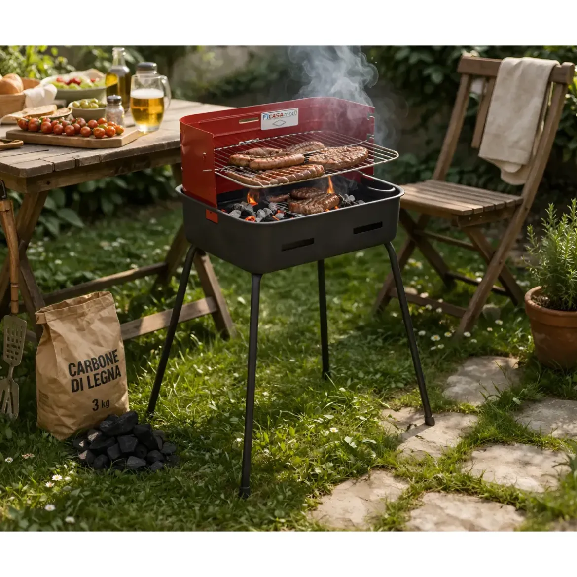 Barbecue a Carbonella 37x27x66 cm Griglia Regolabile Acciaio Rosso