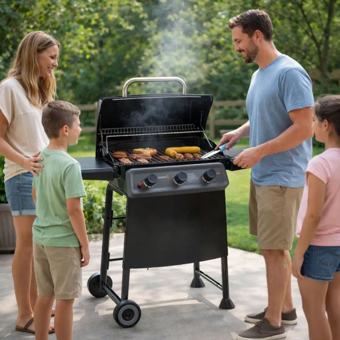 Barbecue a Gas 3 Bruciatori in Acciaio Inox Sistema Australiano Coperchio BBQ