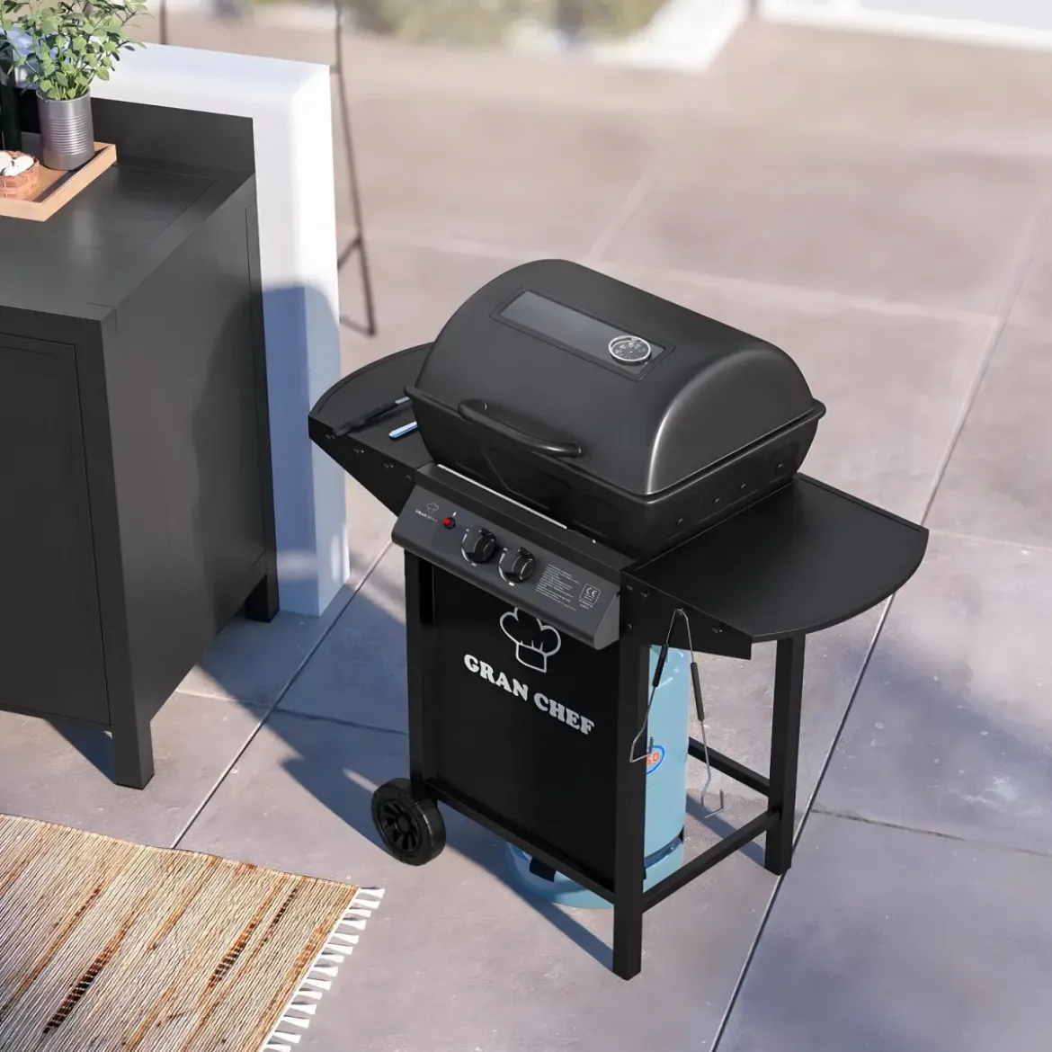 Barbecue a Gas da Esterno 97x51x100H cm a 2 Fuochi in Acciaio Nero