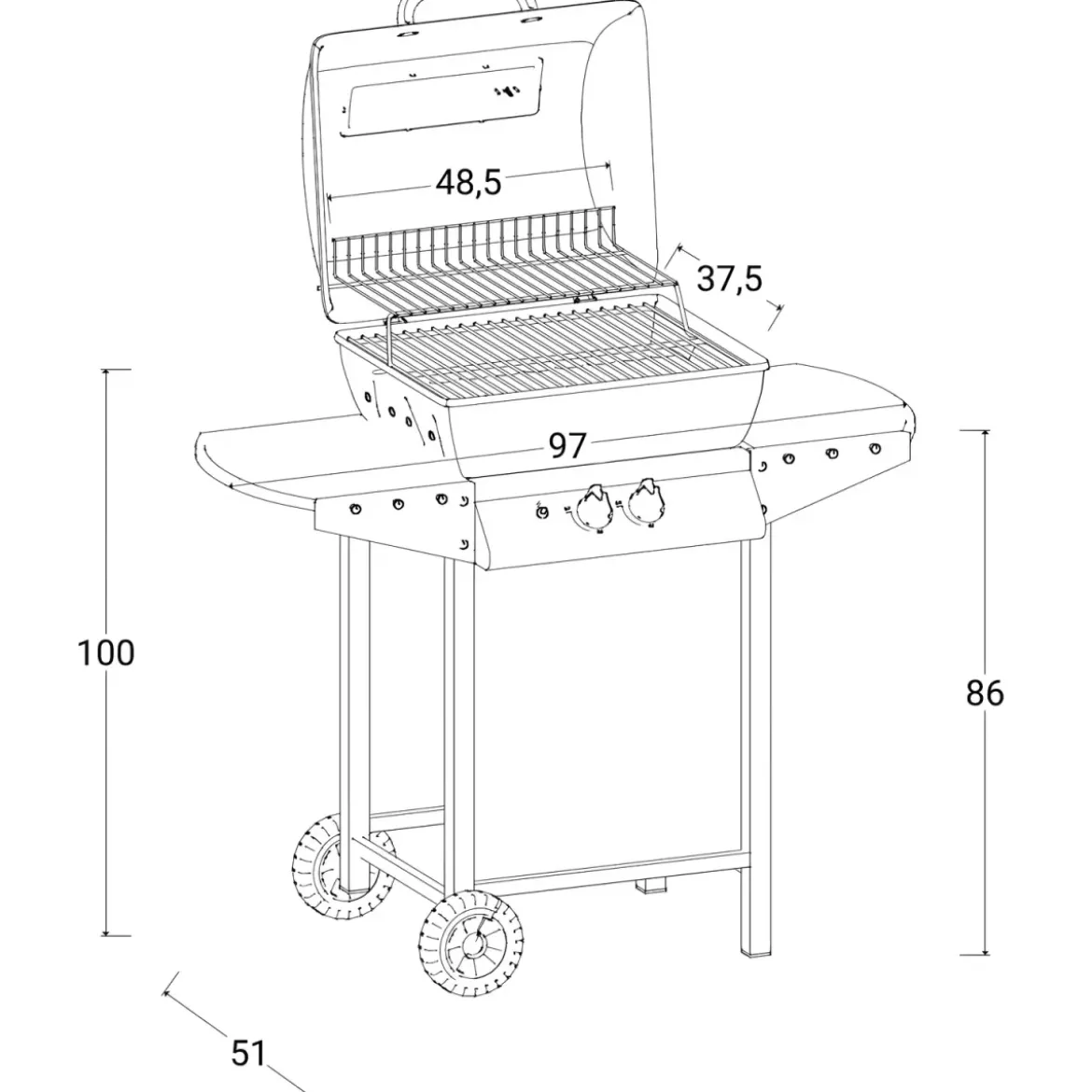 Barbecue a Gas da Esterno 97x51x100H cm a 2 Fuochi in Acciaio Nero