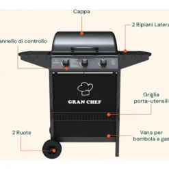 Barbecue a Gas da Esterno 107x55x95,5H cm a 3 Fuochi Acciaio Nero
