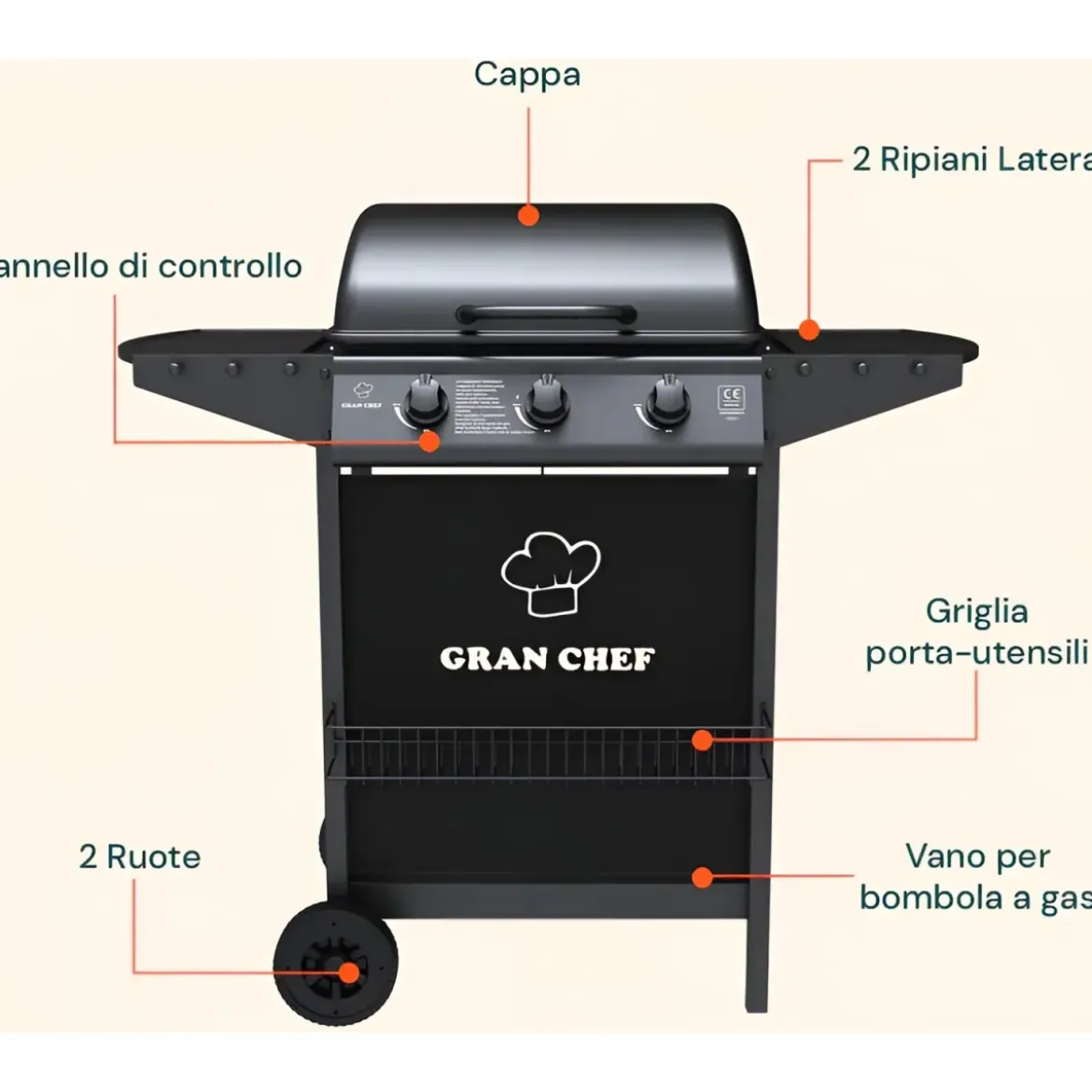 Barbecue a Gas da Esterno 107x55x95,5H cm a 3 Fuochi Acciaio Nero