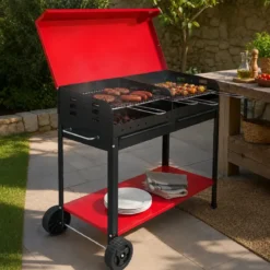 Barbecue Carbonella con Coperchio Ruote Doppia Griglia Rosso Portatile