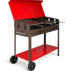 Barbecue Carbonella con Coperchio Ruote Doppia Griglia Rosso Portatile
