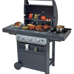 Barbecue Gas Campignaz 3 Fuochi Ruote Acciaio Inox Nero 144x60x116 cm