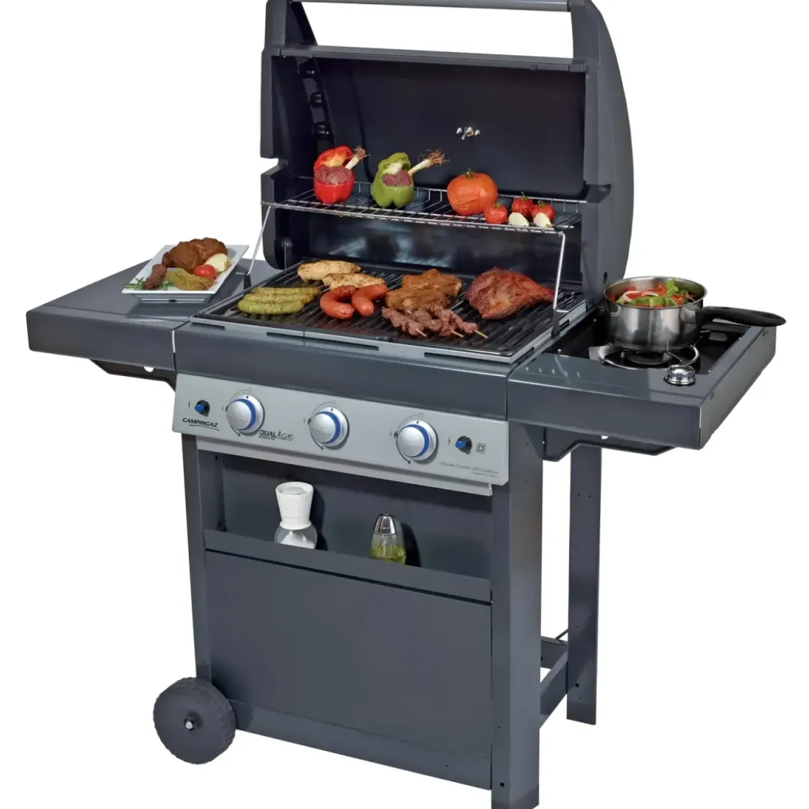 Barbecue Gas Campignaz 3 Fuochi Ruote Acciaio Inox Nero 144x60x116 cm