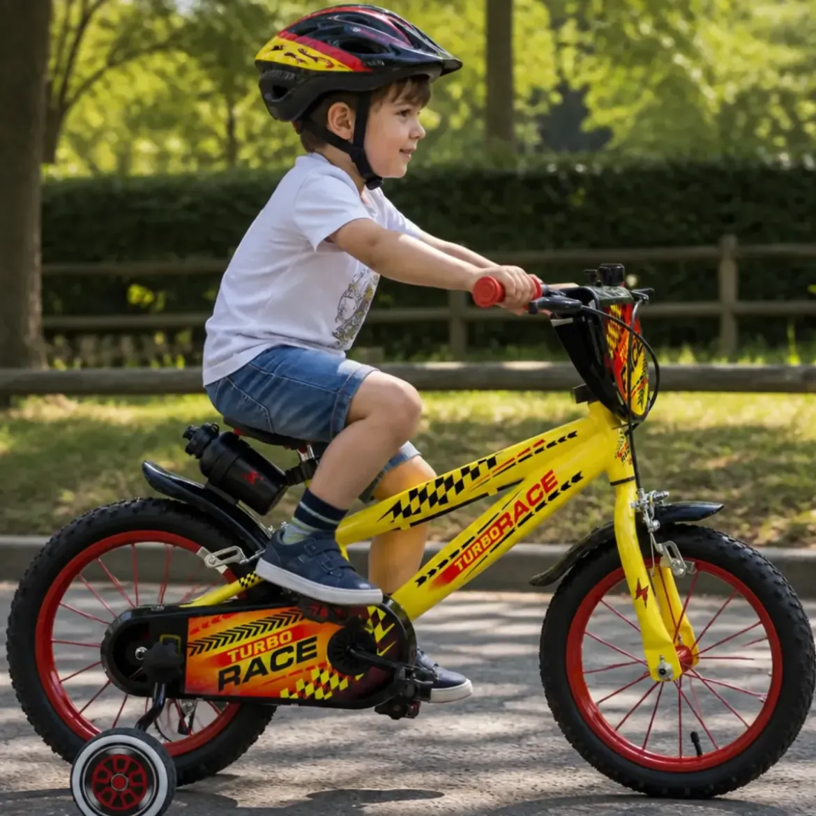 Bicicletta Bambini 16" Giallo Rotelle Removibili Turbo Race Borraccia