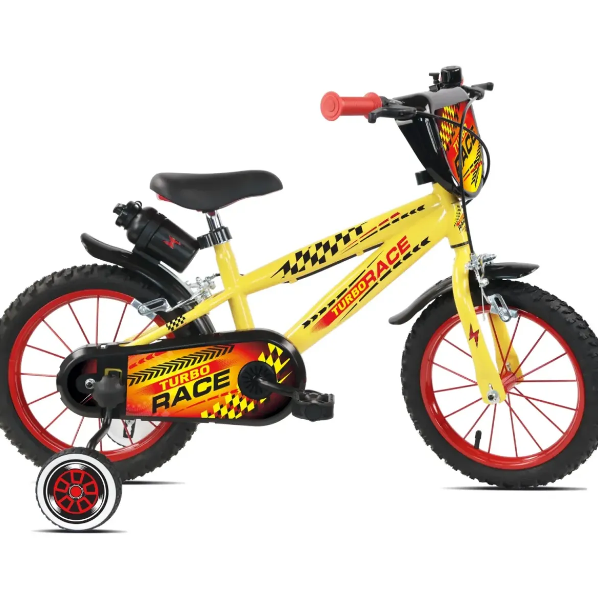 Bicicletta Bambini 14" Giallo Rotelle Removibili Turbo Race Borraccia