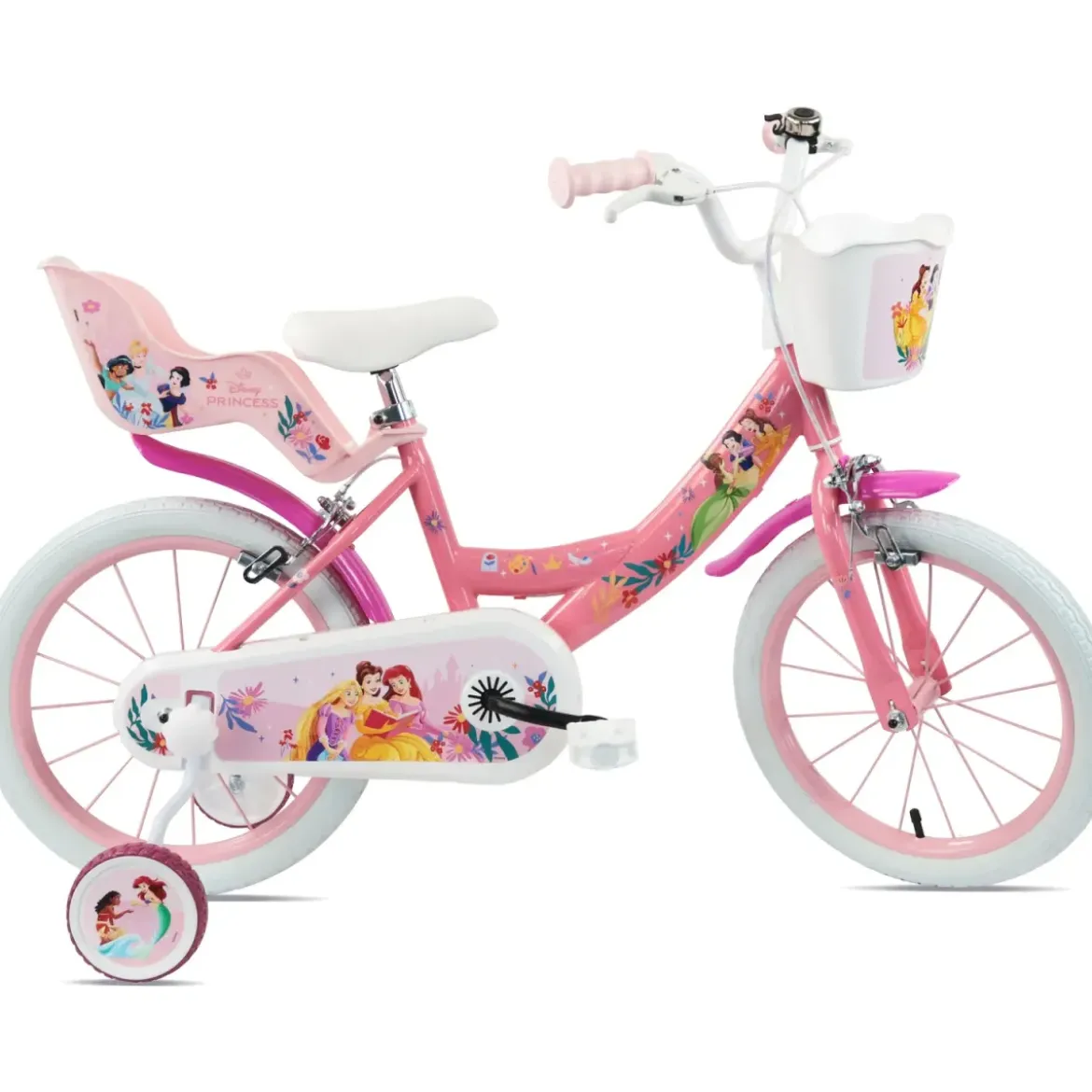 Bicicletta Bambini 16" Principesse Disney Rosa Rotelle Cestino Sedile