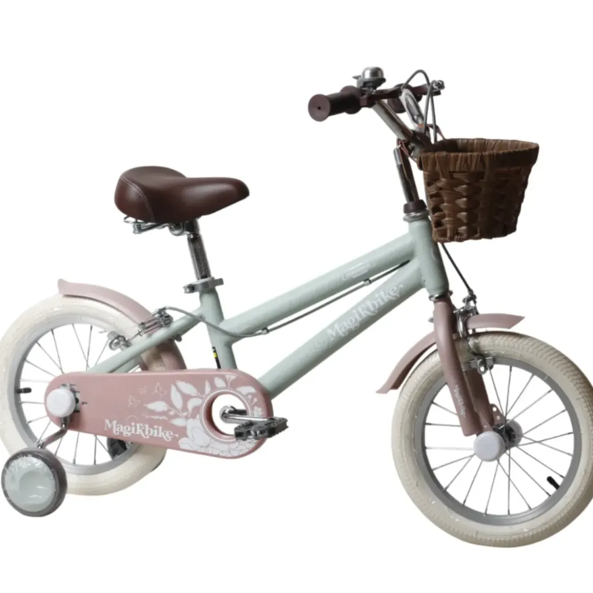 Bicicletta 14" Bambini Verde Regolabile Rotelle Cestino Freni Caliper