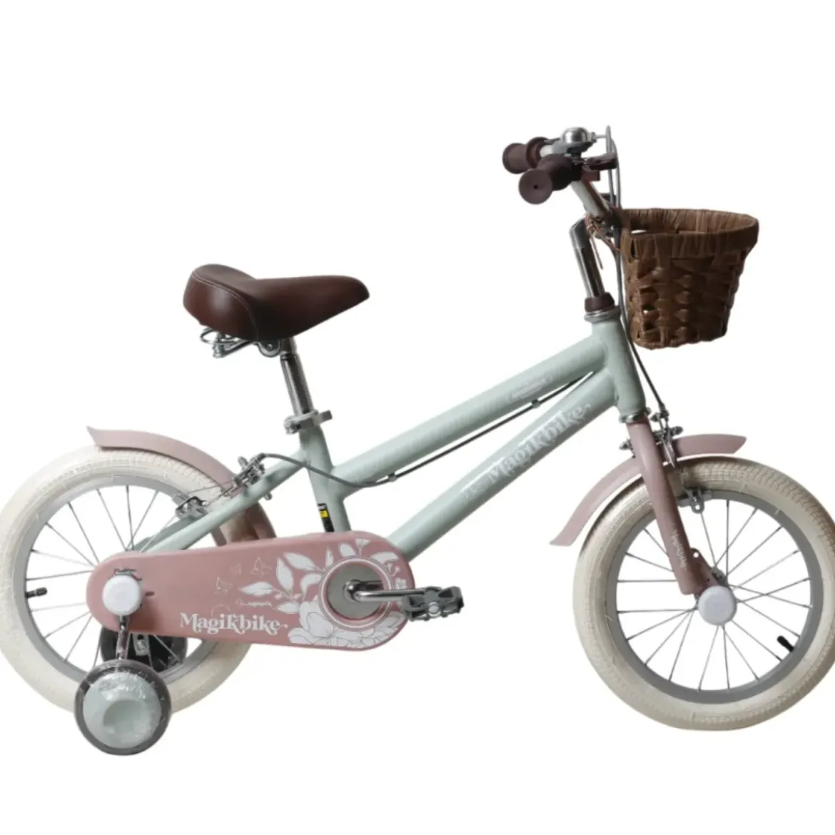 Bicicletta 14" Bambini Verde Regolabile Rotelle Cestino Freni Caliper