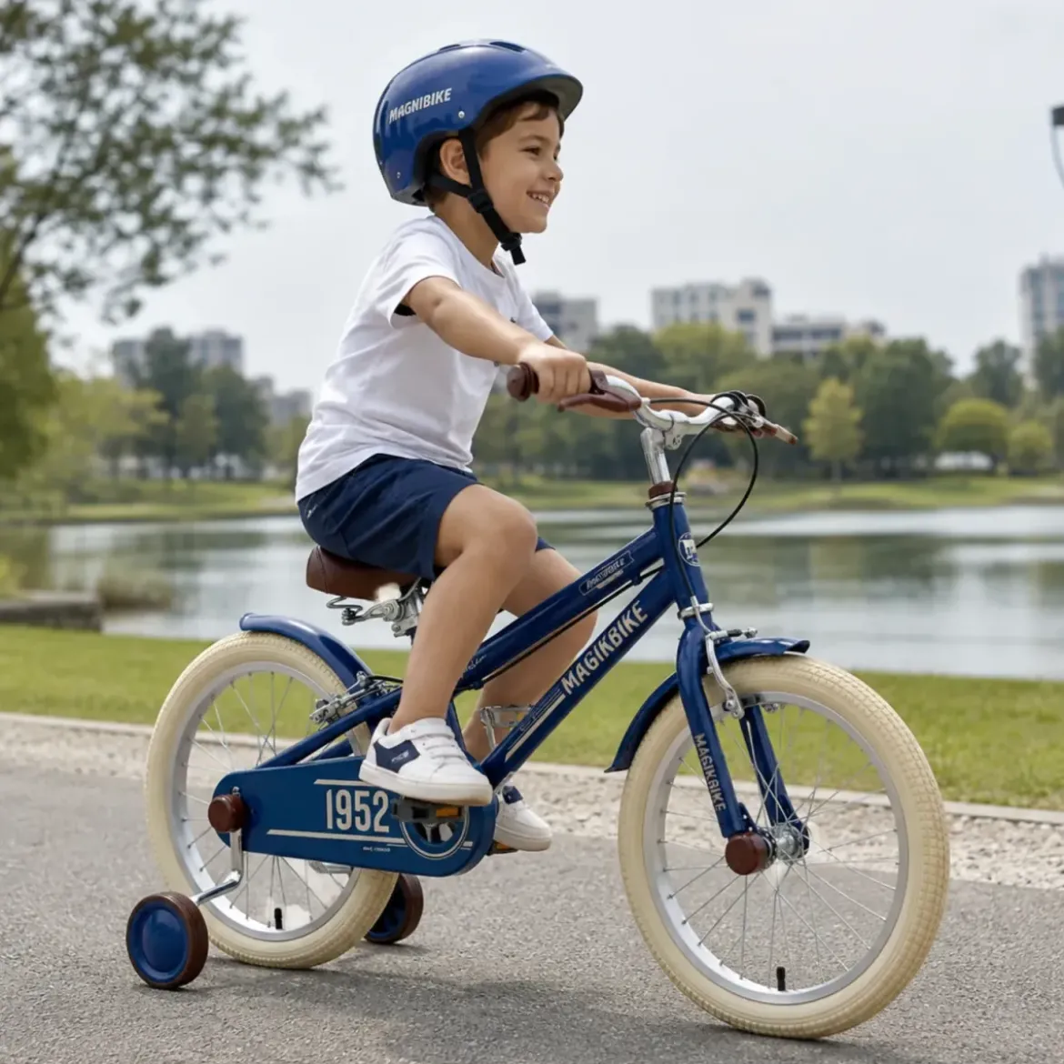 Bicicletta per Bambini 16" Blu Vintage Regolabile con Stabilizzatori