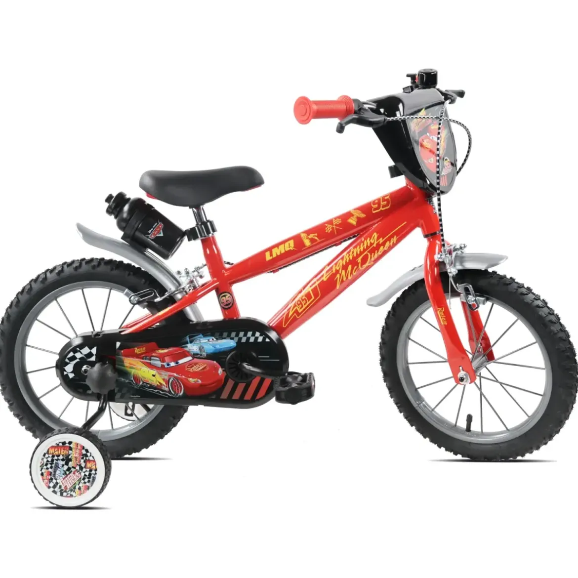 Bicicletta per Bambini 14" Cars Rosso Nero Rotelle Borraccia Trombetta