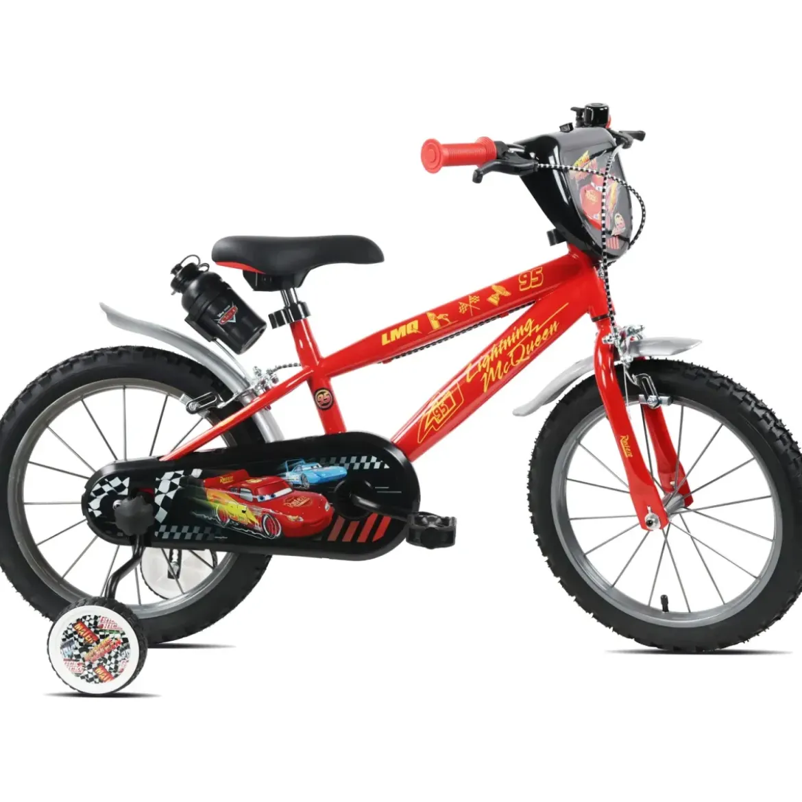 Bicicletta per Bambini 16" Cars Rosso Nero Rotelle Borraccia Trombetta