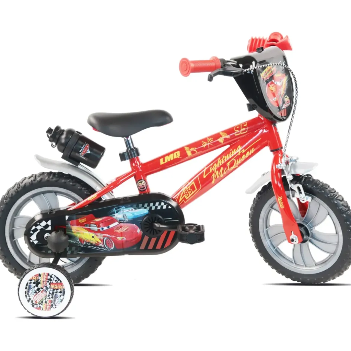 Bicicletta per Bambini 12" Cars Rosso Nero Rotelle Borraccia Trombetta