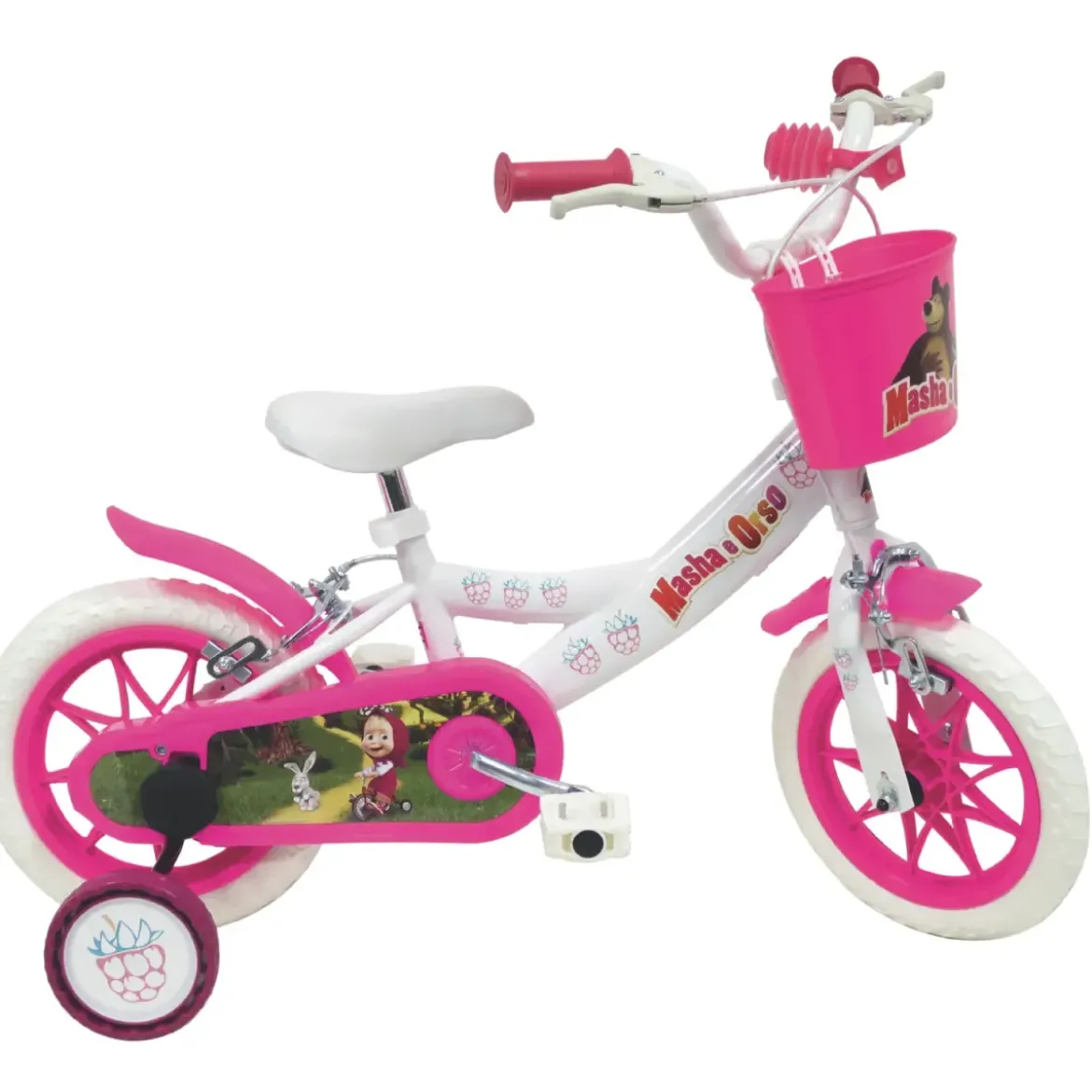 Bicicletta per Bambini 12" Masha e Orso Bianco con Portabambola Rotelle