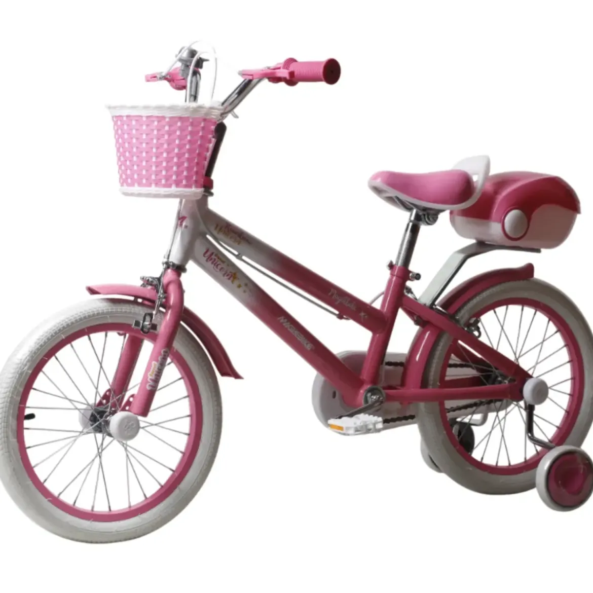 Bicicletta per Bambini 14" Unicorno Rosa Bianco Regolabile con Rotelle