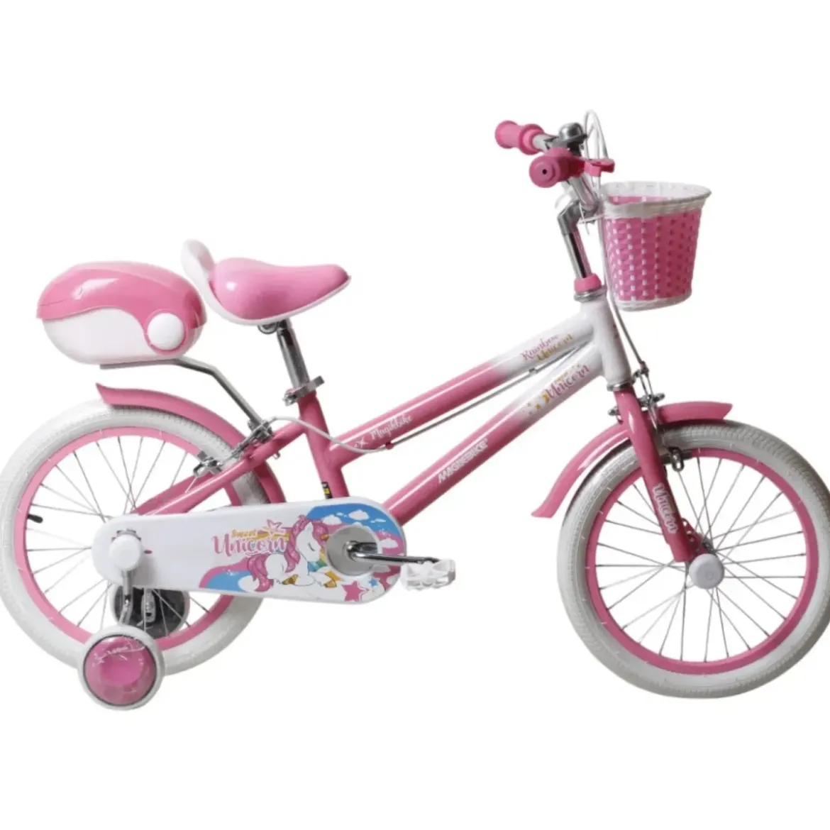 Bicicletta per Bambini 14" Unicorno Rosa Bianco Regolabile con Rotelle