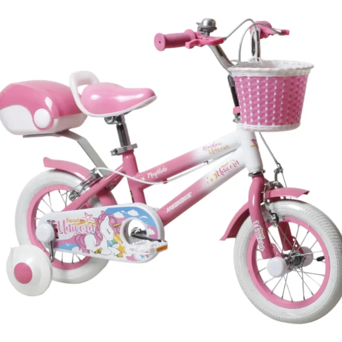 Bicicletta per Bambini 12" Unicorno Rosa Bianco con Rotelle Cestino