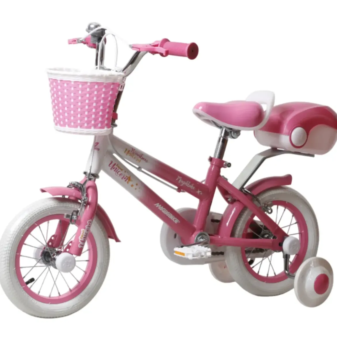 Bicicletta per Bambini 12" Unicorno Rosa Bianco con Rotelle Cestino