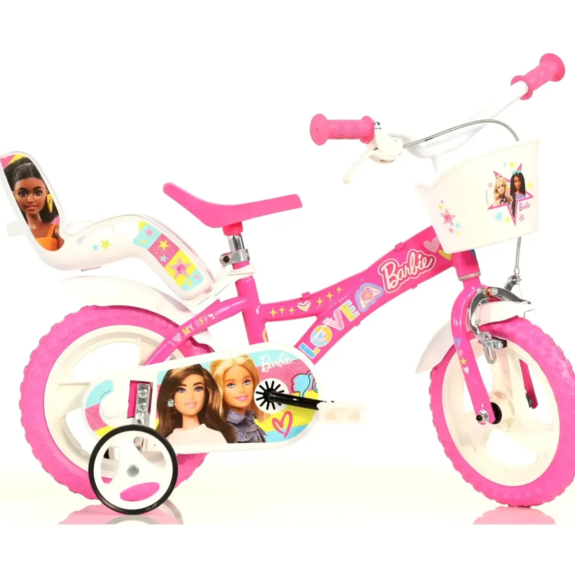 Bicicletta Rotelle Barbie 12" per Bambini Rosa con Cestino Seggiolino