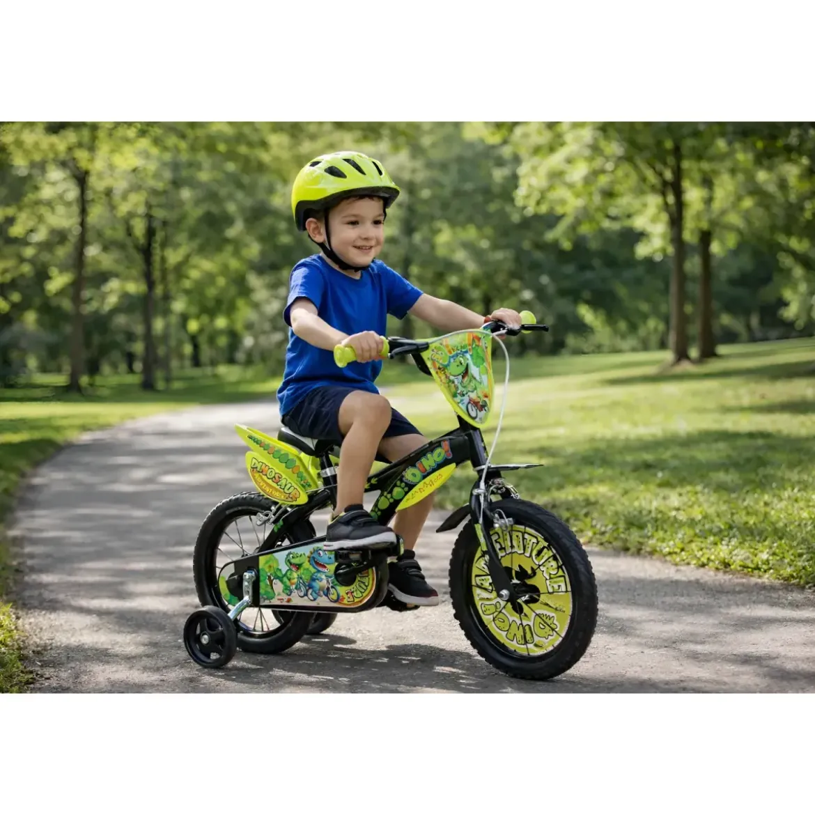 Bicicletta Rotelle per Bambini 14" Dinosaur T-Rex Nero Doppio Freno