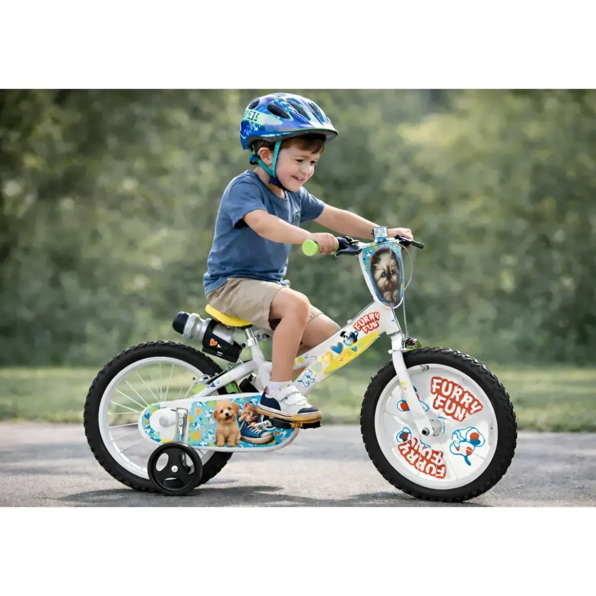 Bicicletta Rotelle per Bambini 16" Furry Fun Bianco Porta Borraccia