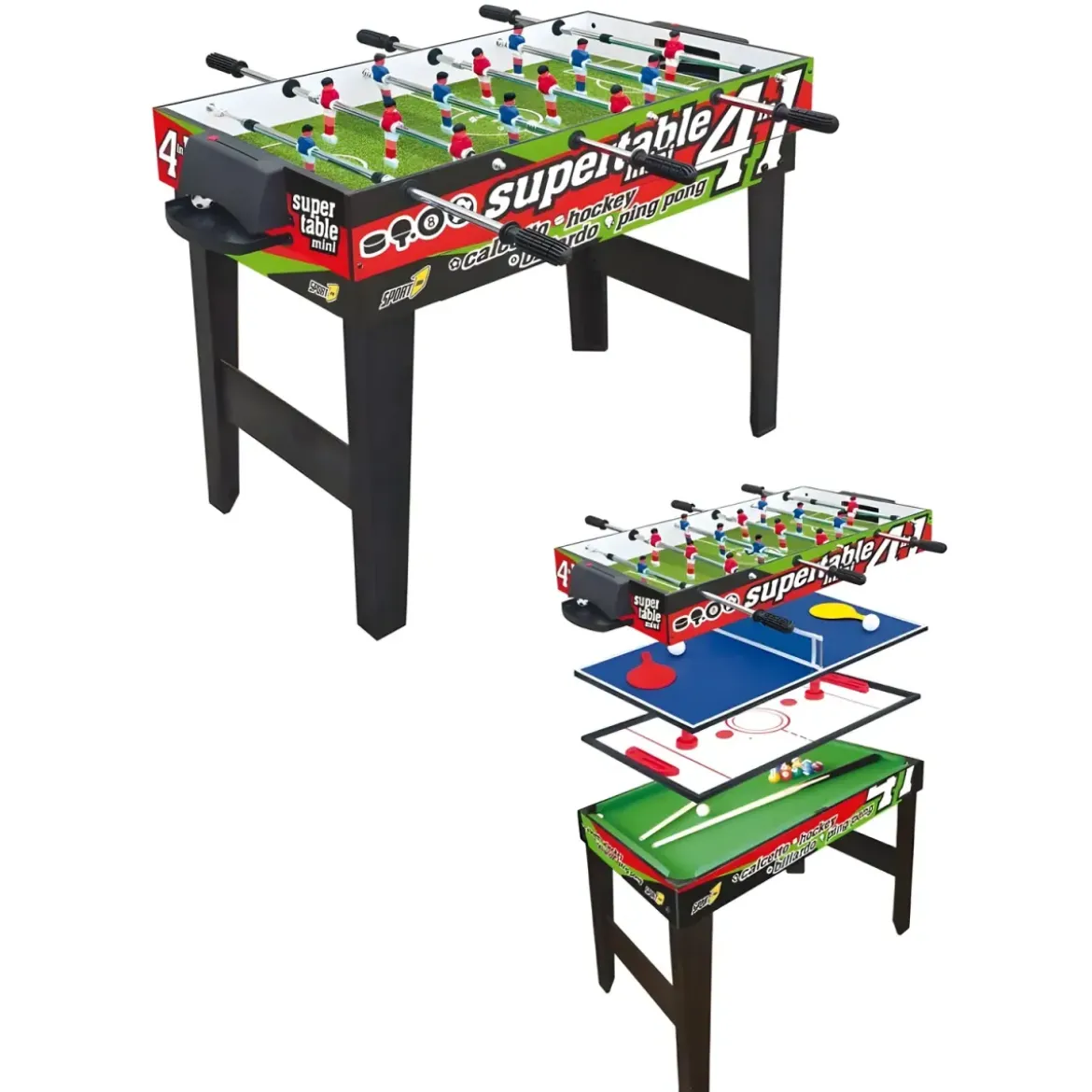 Biliardino Tavolo 4in1 Mini Calcetto Biliardo Ping Pong Hockey Aste Telescopiche